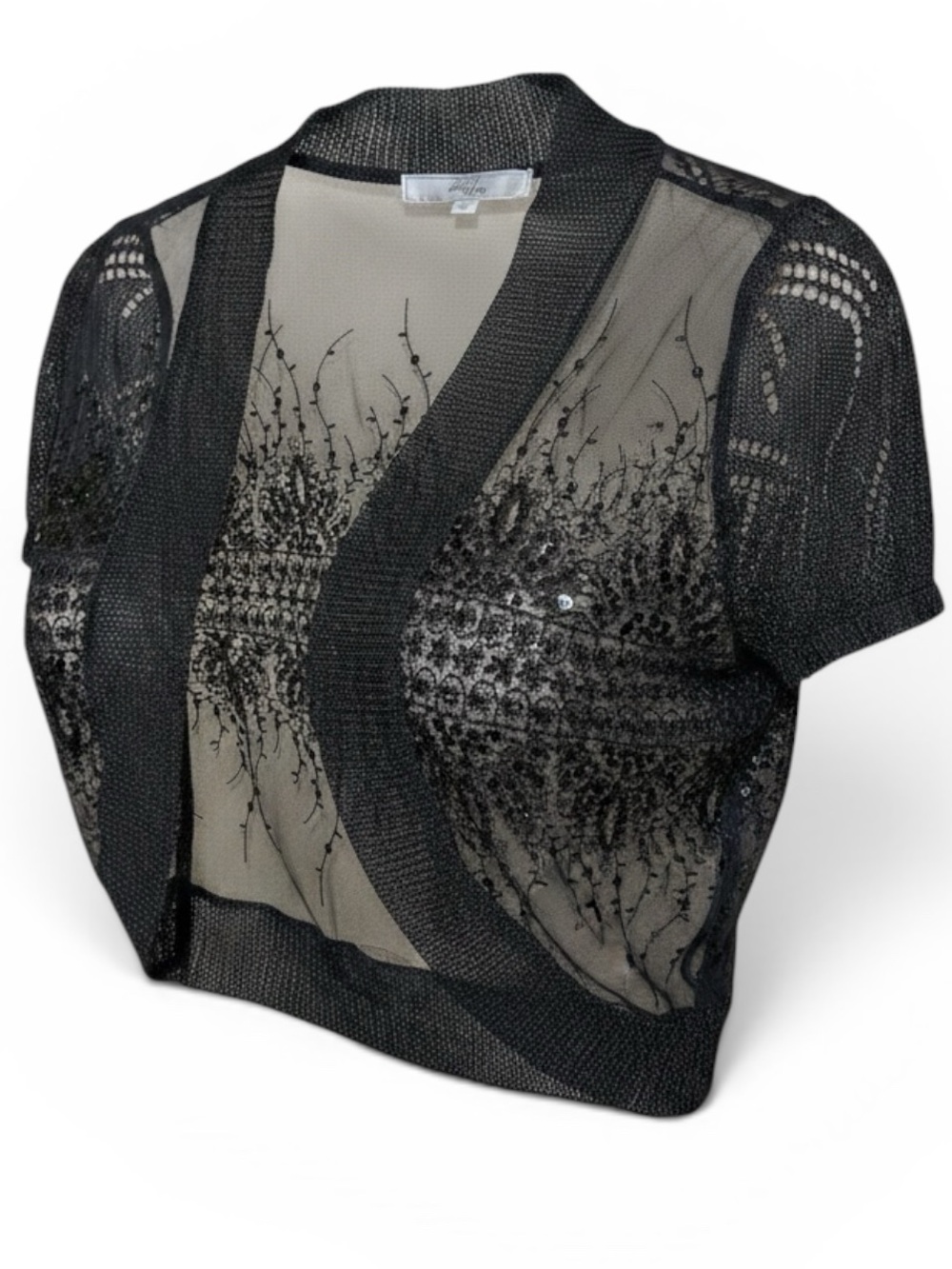 One7six- Y2K Sheer Black Embroidered /sequence Short-Sleeve Bolero Shrug